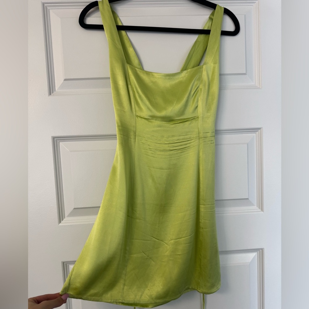 Meshki Carina Tie Back Mini Slip Dress in Pistachio Green - Picture 2 of 3